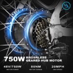 Electric Bike - 750W Motor Ebike for Adults, 26" Fat Tire Electric Bicycle, 48V 14.5AH Removable Battery, 28MPH Snow Beach Mountain E Bike, 7 Speed, LCD Display - Image 2