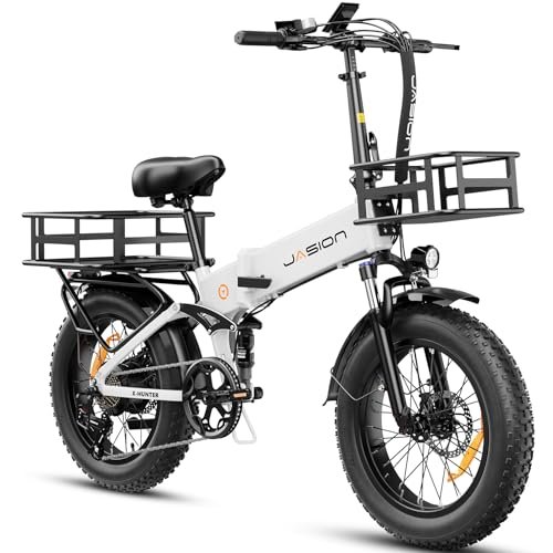 Version 1.0.0 Jasion X-Hunter Electric Bike for Adults,1400W Peak Motor 30MPH Max Speed 48V 13AH Removable Battery, Full Suspension System 20''*4.0 Fat Tire Foldable Ebike 7-Speed Bicycles,with Baskets - Image 1