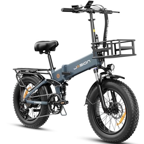 Version 1.0.0 Jasion X-Hunter Electric Bike for Adults,1400W Peak Motor 30MPH Max Speed 624WH Removable Battery, Full Suspension System Design 20‘’*4.0 Fat Tire Foldable Ebike 7-Speed Bicycles,with Basket - Image 1