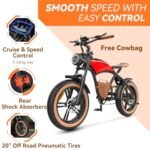 HIDOES B10 Cowboy Style Electric Bike for Adult 1000w Brushless Motor 48V 13AH Battery, 20"×4'Fat Tires Double Brake System 35Miles Max Range 37MPH Max Speed Beach Mountain Off Road Electric Bicycle - Image 6