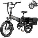 Jasion EB7 2.0 Electric Bike for Adults, 1200W Peak Motor 28MPH Max Speed Folding Ebike, 48V 10AH Removable Battery, 20" Fat Tire with Dual Suspension, 7-Speed Electric Bicycles, with Black Saddlebag