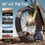 Electric Bike for Adults, 26" Fat Tire Electric Mountain Bike with 750W, 48V 15AH Removable Battery Ebike, 28MPH Aluminum Frame E Bike with 7-Speed and Front Suspension Beagle - Image 6