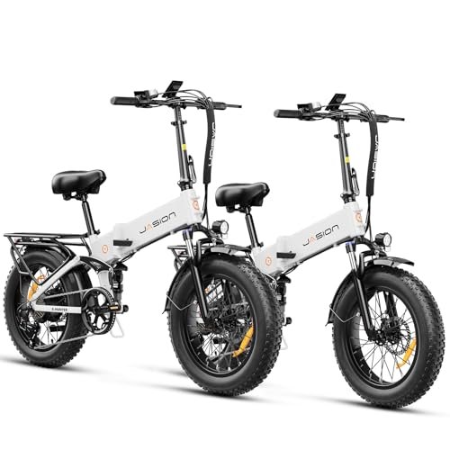 Version 1.0.0 Jasion X-Hunter Electric Bike for Adults,1400W Peak Motor 30MPH Max Speed 48V 13AH Removable Battery, Full Suspension System Design,20''*4.0 Fat Tire Foldable Ebike,7-Speed Bicycles.White+White - Image 1