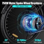 Electric Bike for Adults, 750W/48V/14Ah Ebike with Removable Battery, 20MPH/35-75Miles Electric Bicycle with 26"×3.0 Fat Tire, Mountain E Bike for Men Women, 7-Speed, IP54, UL2849 Certified - Image 3